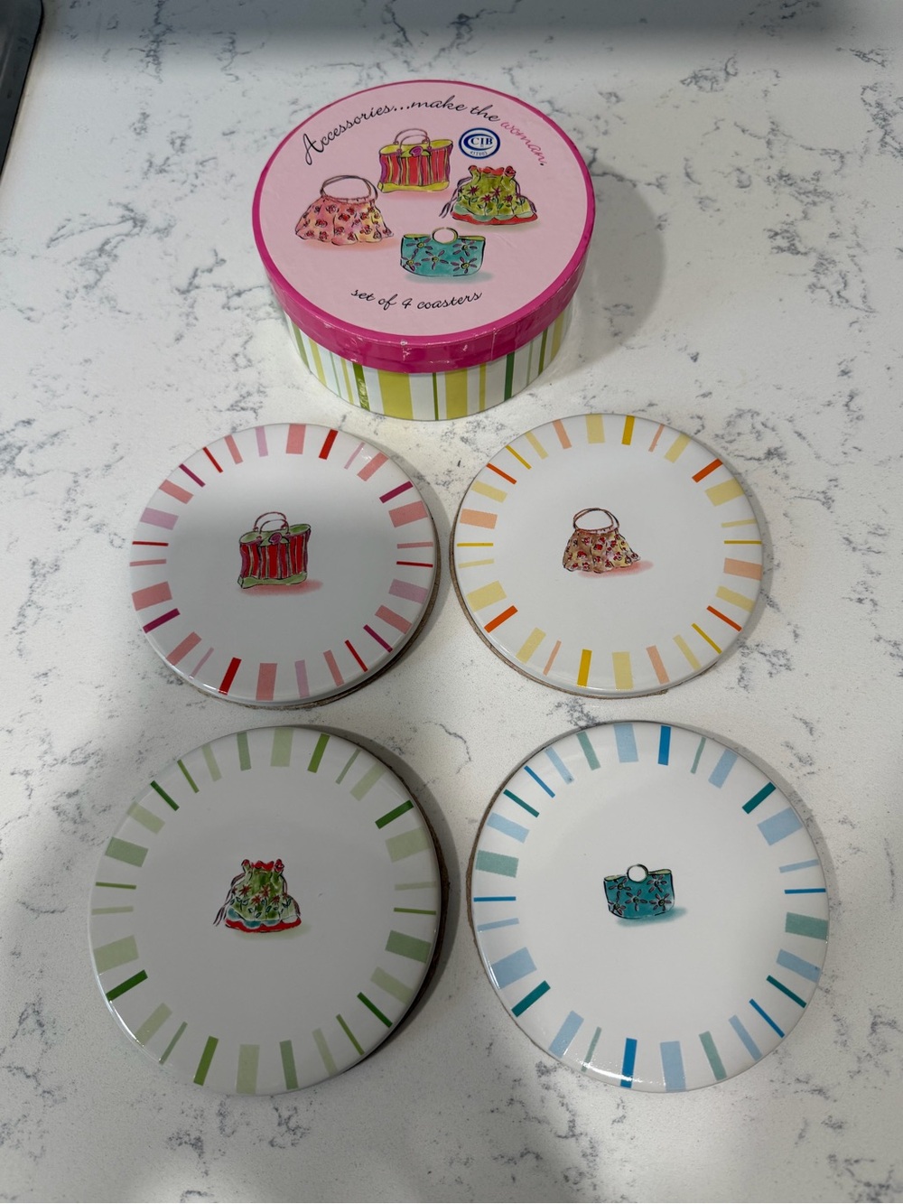 Vintage Set of 4 Purse Accessories Make the Woman Ceramic Coasters Rosanna